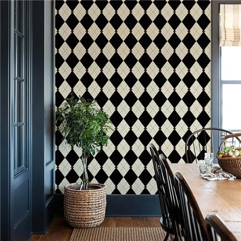 Retro Peel and Stick Wallpaper Black and White Wallpaper Vintage Plaid